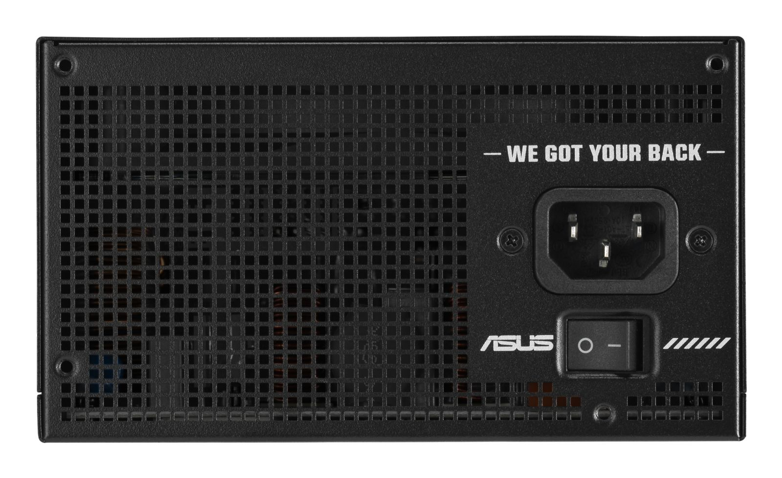 Czarny zasilacz komputerowy z kratką wentylacyjną, gniazdem, włącznikiem i logo Asus.