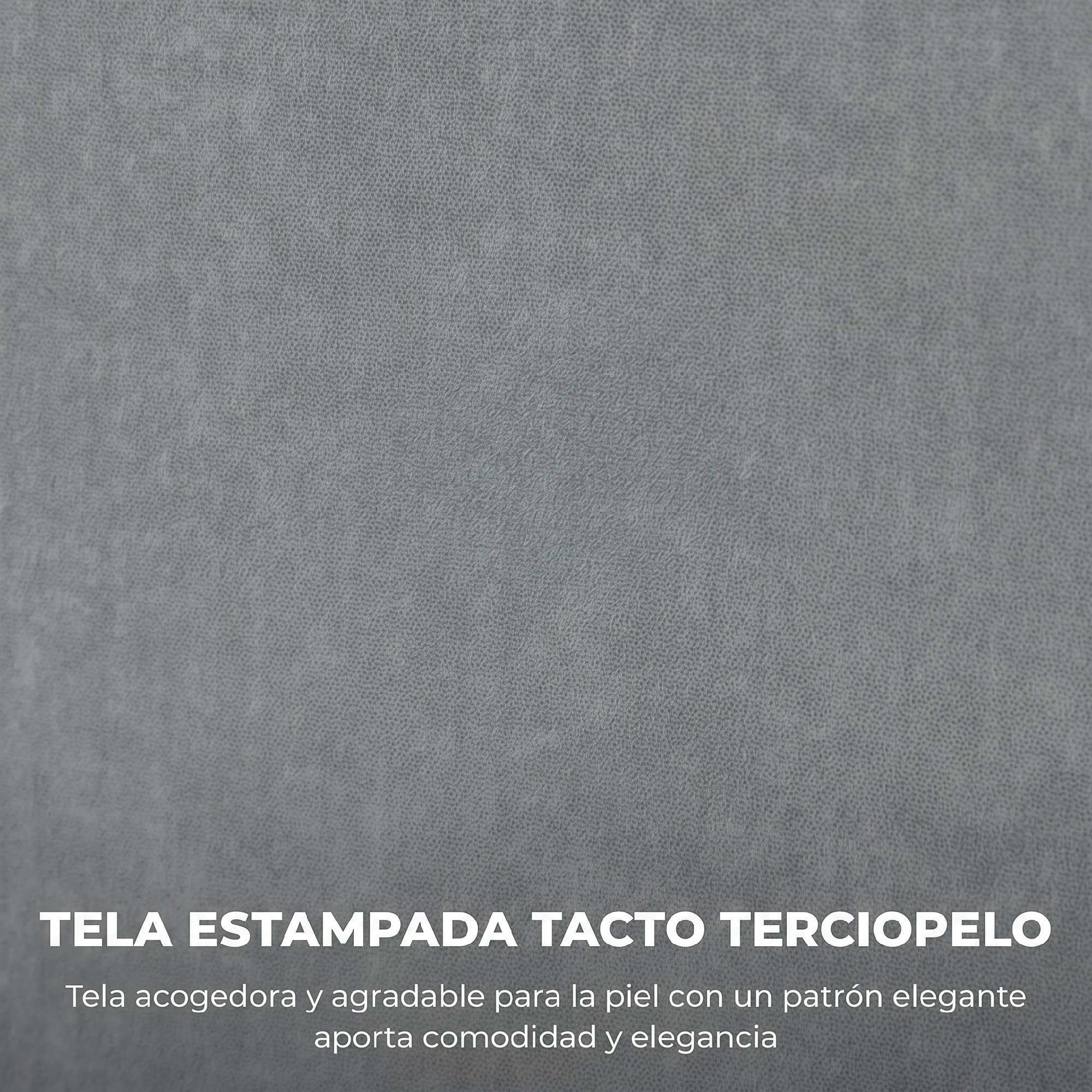 Tela gris tacto terciopelo con patrón elegante y texto.