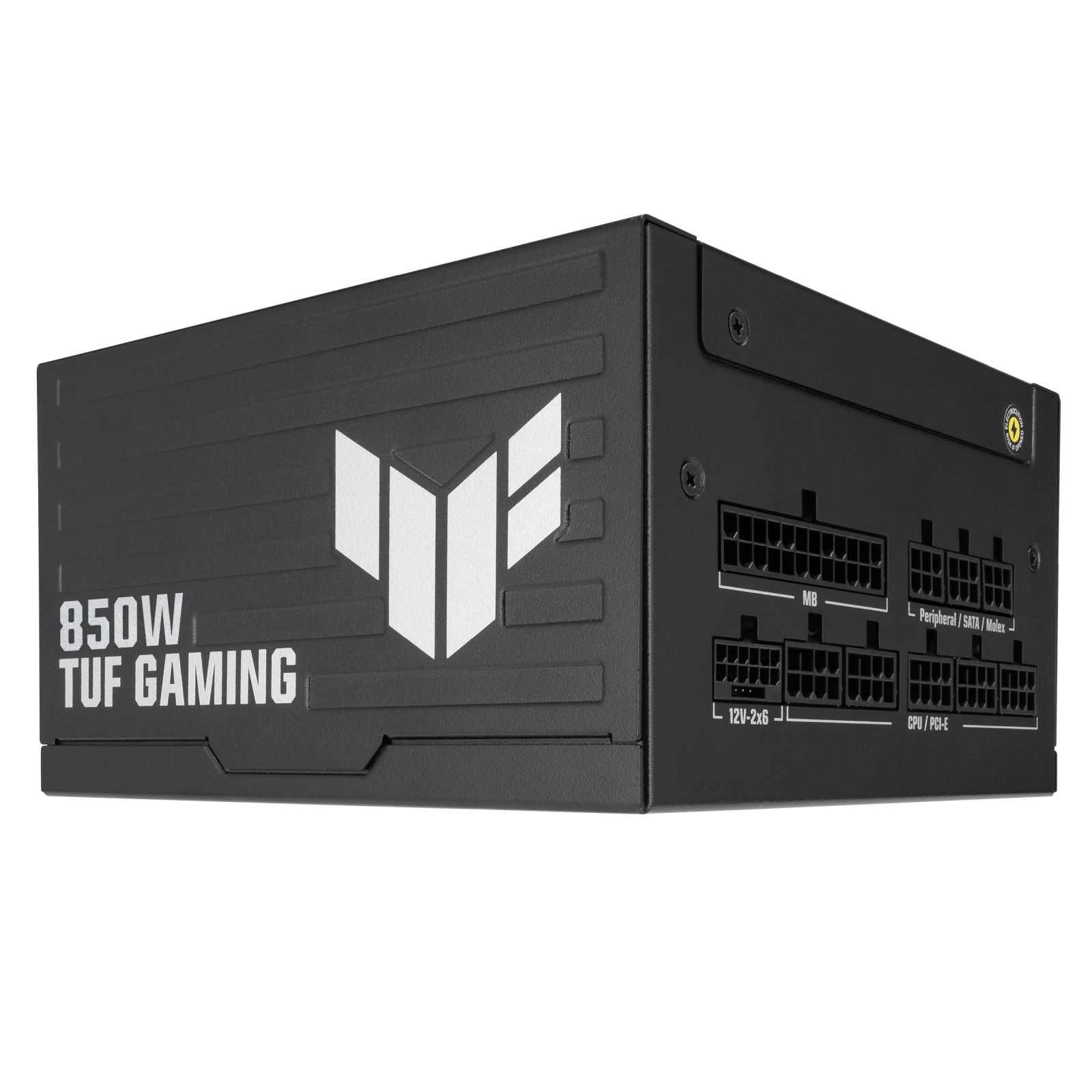 Czarny zasilacz komputerowy 850W Tuf Gaming ze złączami.