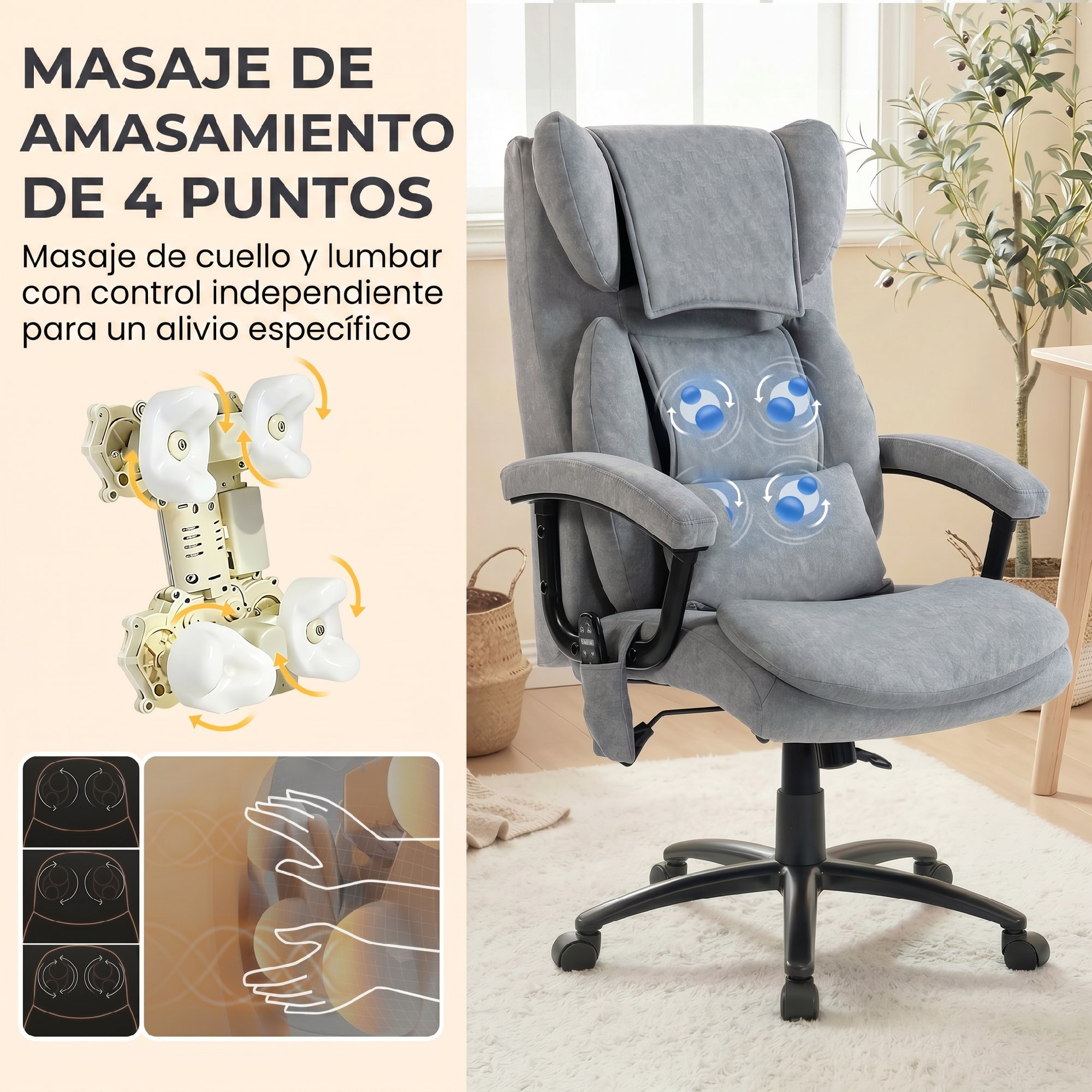 Silla de oficina gris con masaje de cuatro puntos sobre alfombra blanca, con texto en español a la izquierda.