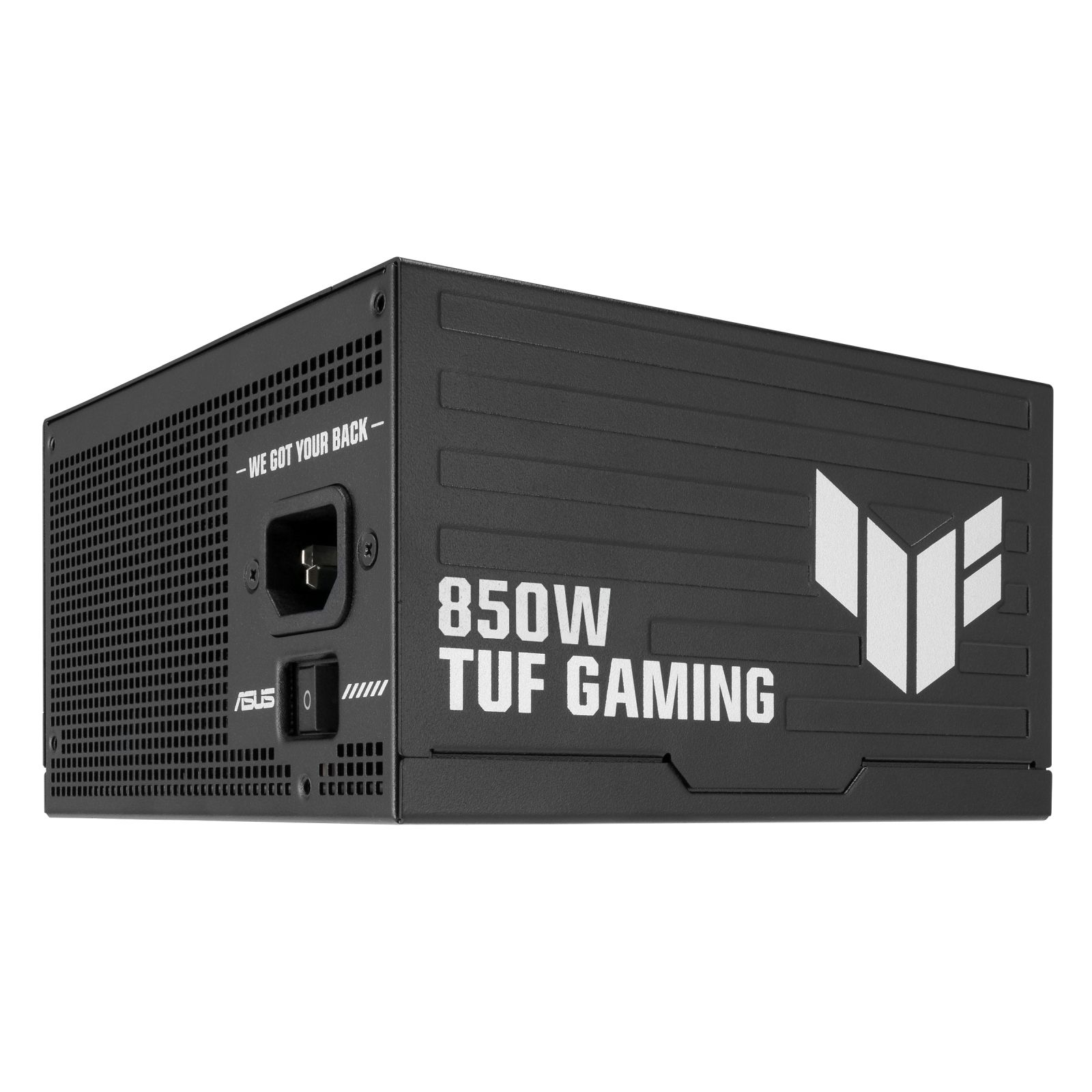 Czarny zasilacz Asus TUF Gaming 850W z białym logo na białym tle.