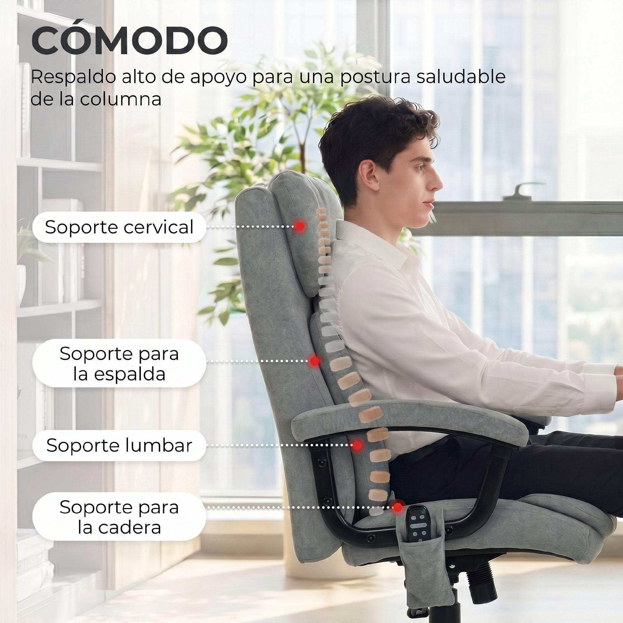 Un hombre sentado en una silla de oficina ergonómica con etiquetas de soporte espinal.