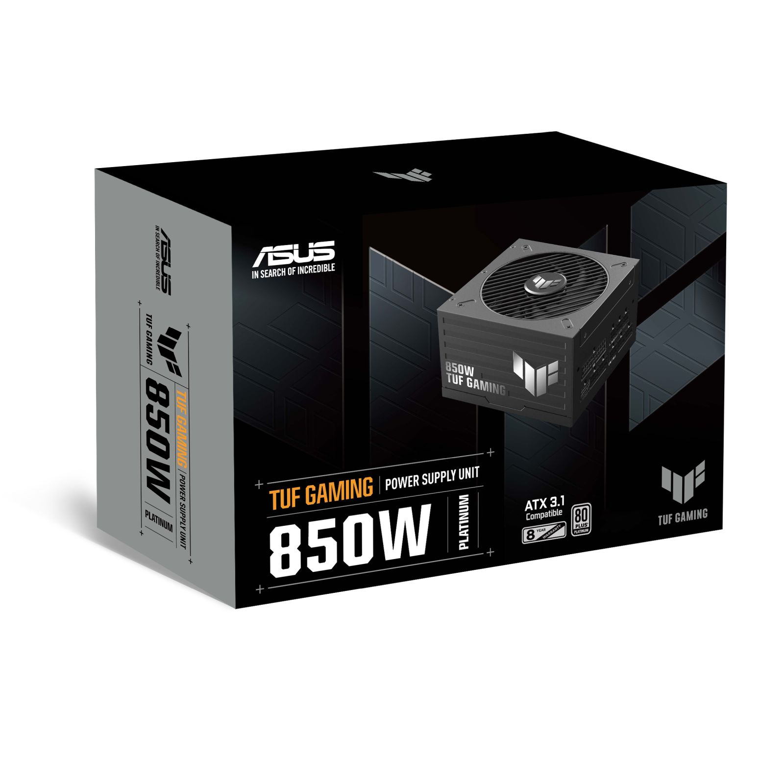 Opakowanie zasilacza ASUS TUF Gaming 850W Platinum ze zdjęciem produktu i specyfikacją.