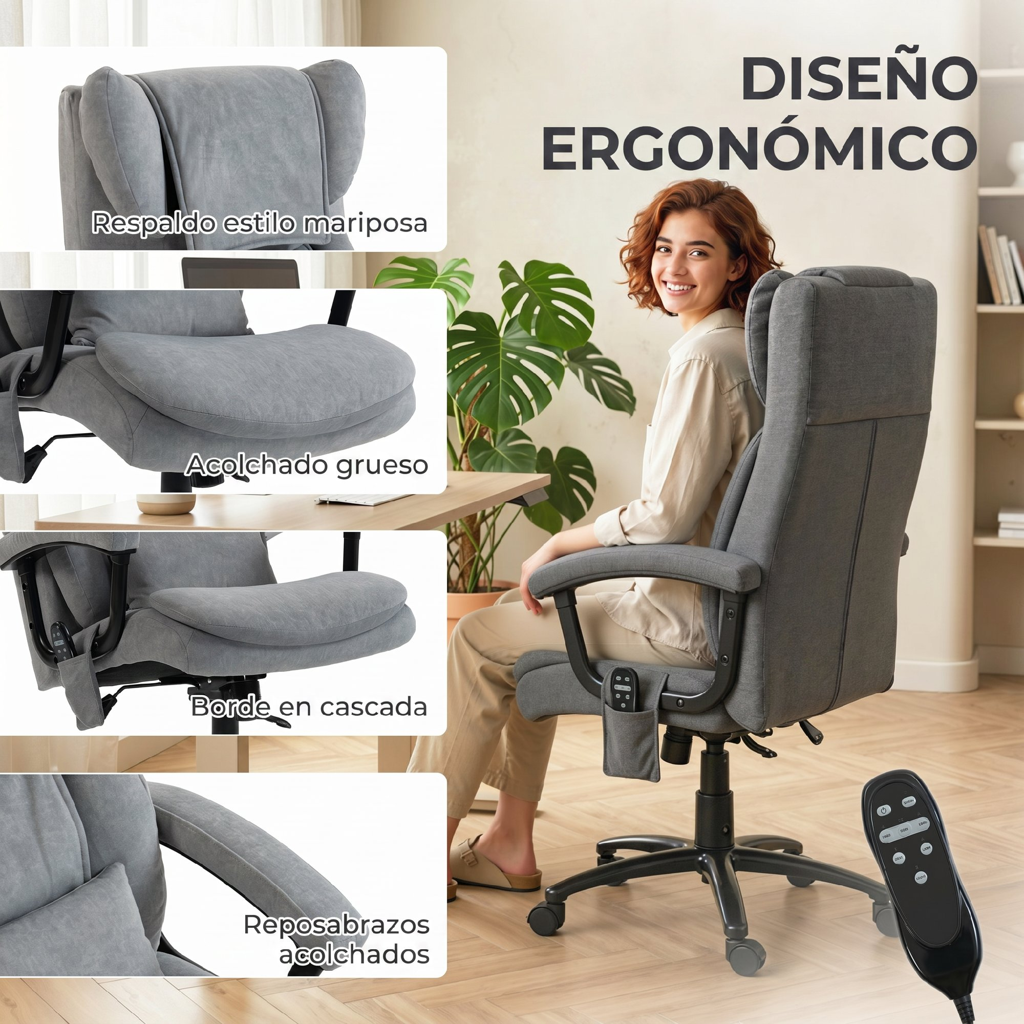 Una mujer sonriente se sienta en una silla de oficina gris y ergonómica con cuatro imágenes detalladas.