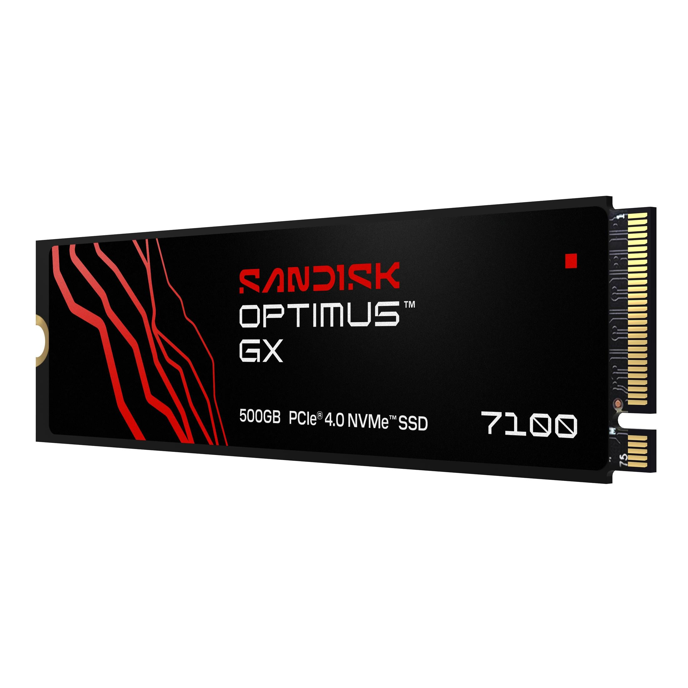 A Sandisk Optimus GX 500GB PCIe 4.0 NVMe SSD with red and black design on a white background.