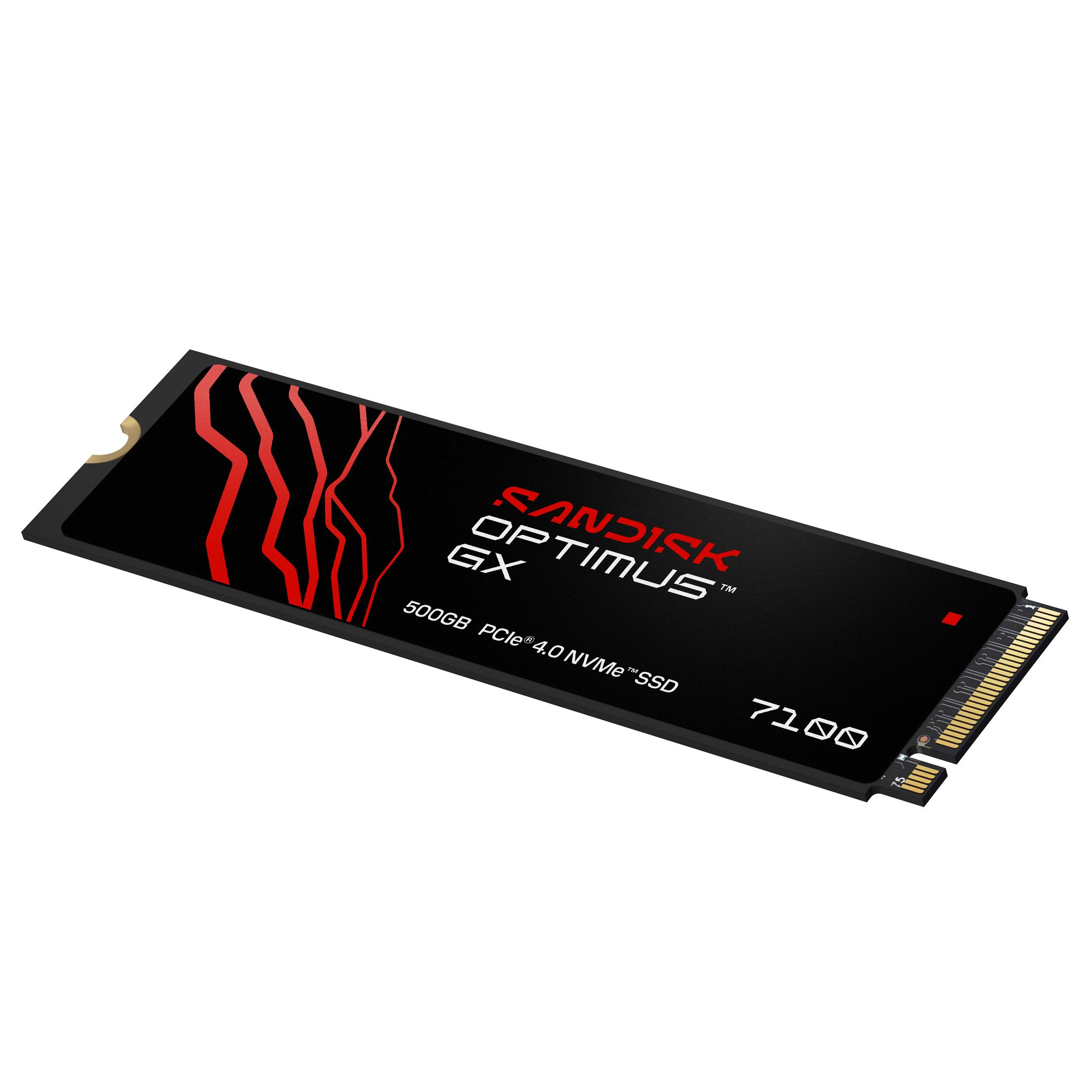 A black Sandisk Optimus GX 500GB PCIe 4.0 NVMe SSD with red abstract patterns and a gold connector on a white background.