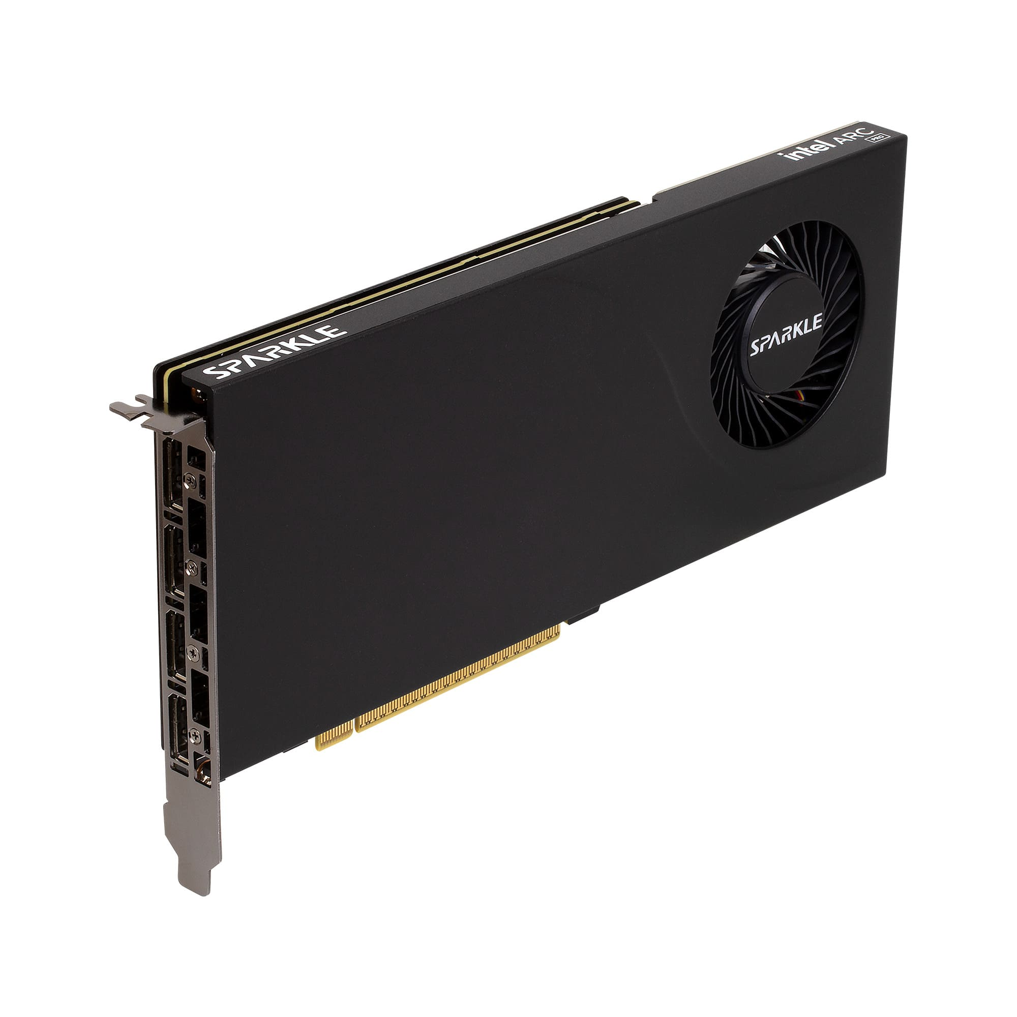 Czarna karta graficzna Intel Arc Sparkle z wentylatorem na białym tle.