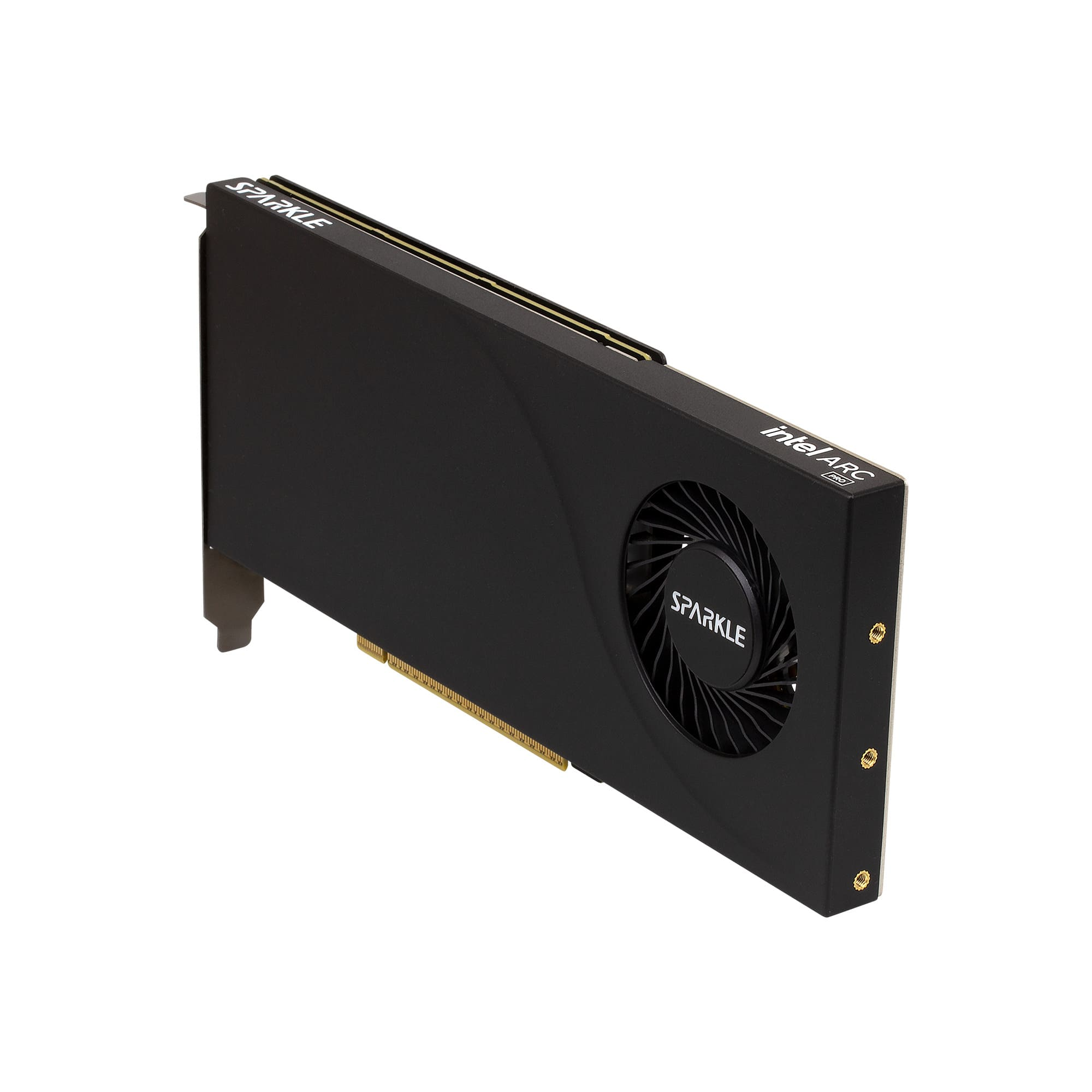 Czarna karta graficzna Sparkle Intel Arc Pro z jednym wentylatorem na białym tle.