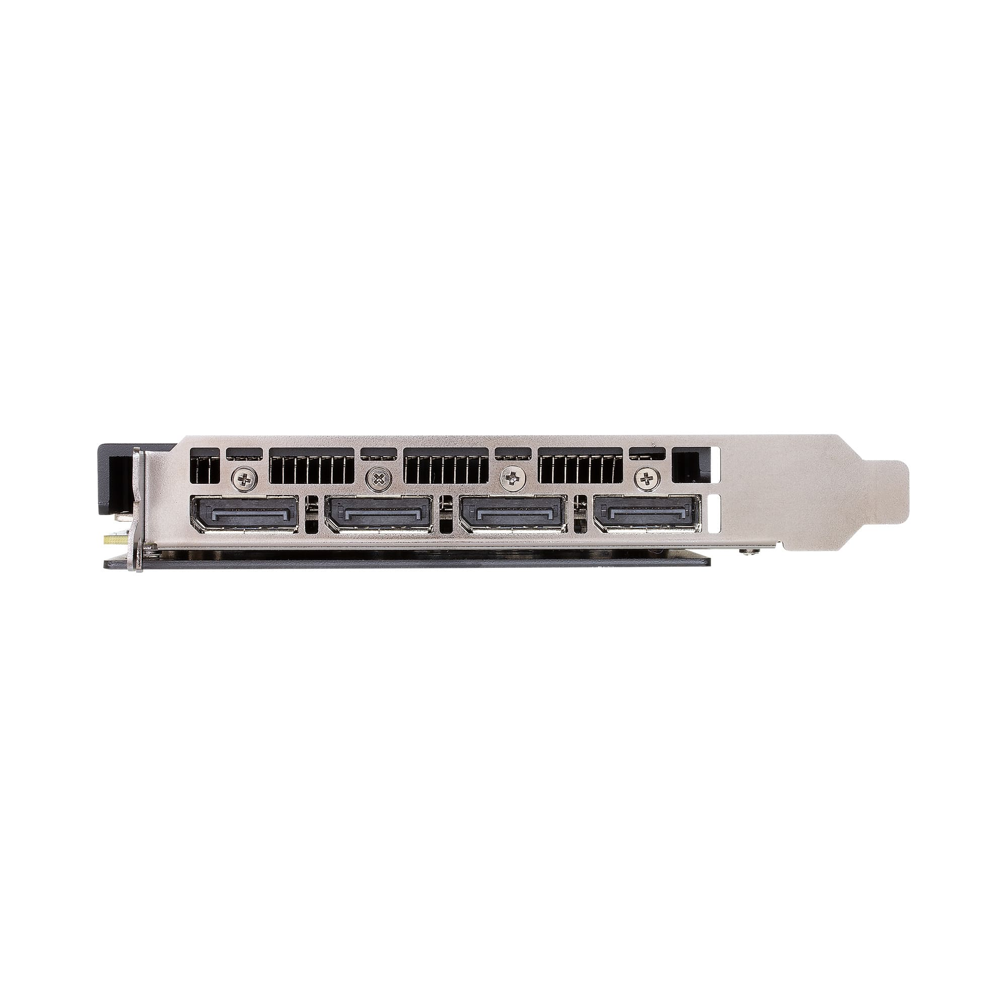 Tylny panel karty graficznej z czterema wyjściami DisplayPort na białym tle.