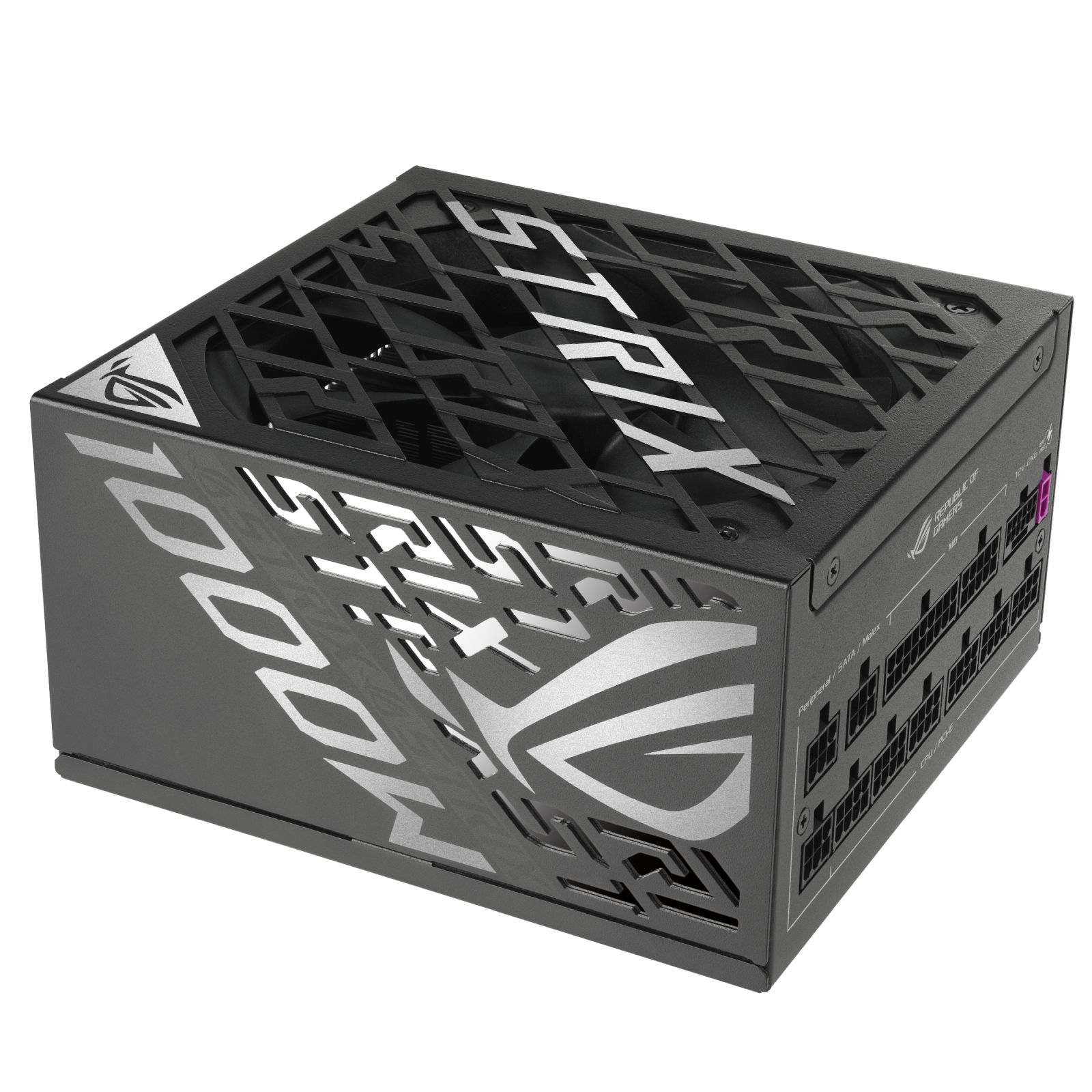 Czarny zasilacz komputera ROG Strix 1000W z portami kablowymi z boku.