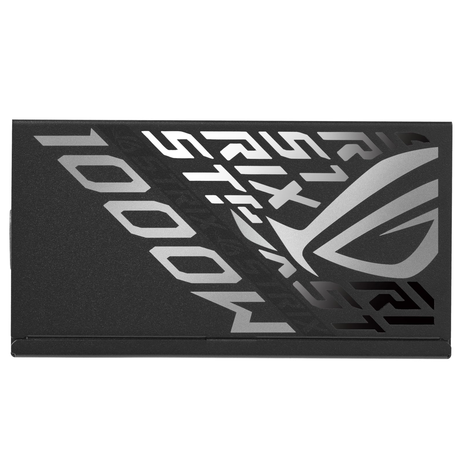 Czarny zasilacz z napisem 1000W, brandingiem ROG Strix i szarym logo na teksturowanej powierzchni.