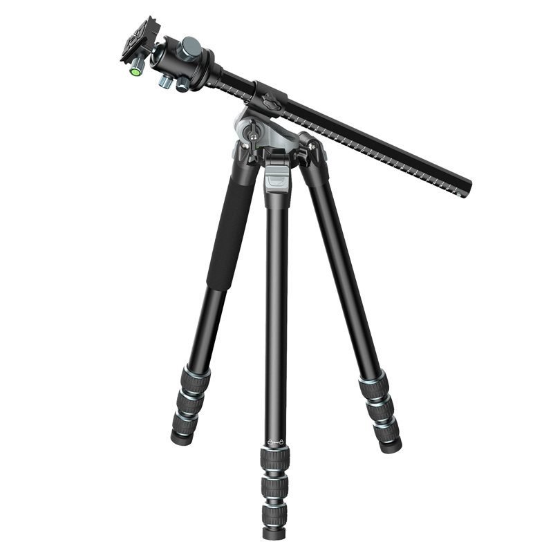 A black camera tripod with three legs and an extension arm against a white background.
