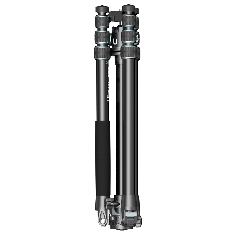 A folded black camera tripod with adjustable legs and twist-lock joints.