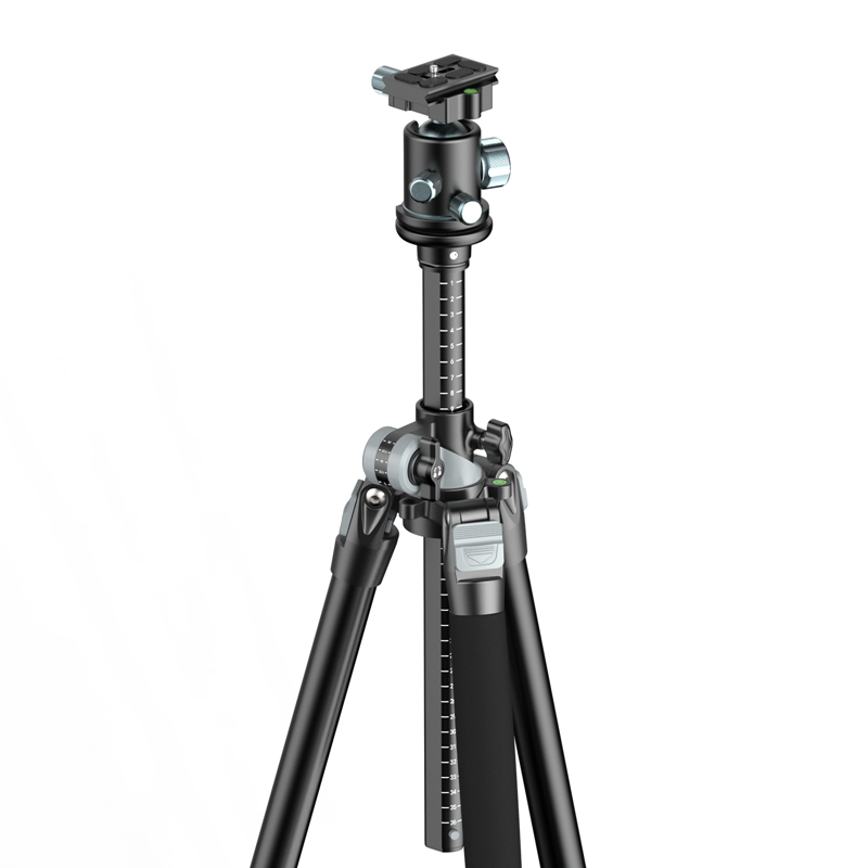 A black camera tripod with a ball head and extensible legs against a white background.