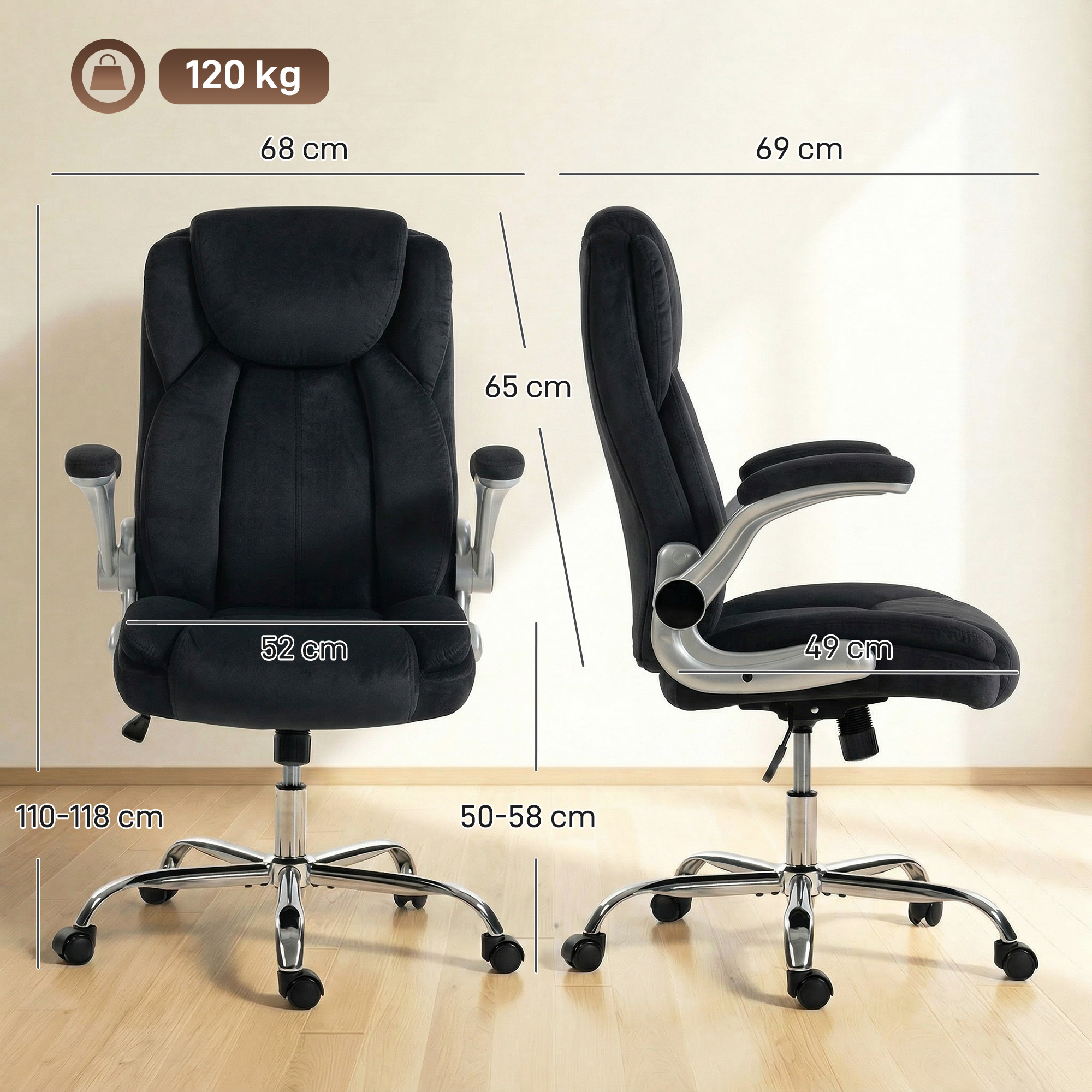 Imagen técnica de una silla de oficina negra en dos vistas con etiquetas de dimensiones y una capacidad de 120 kg.