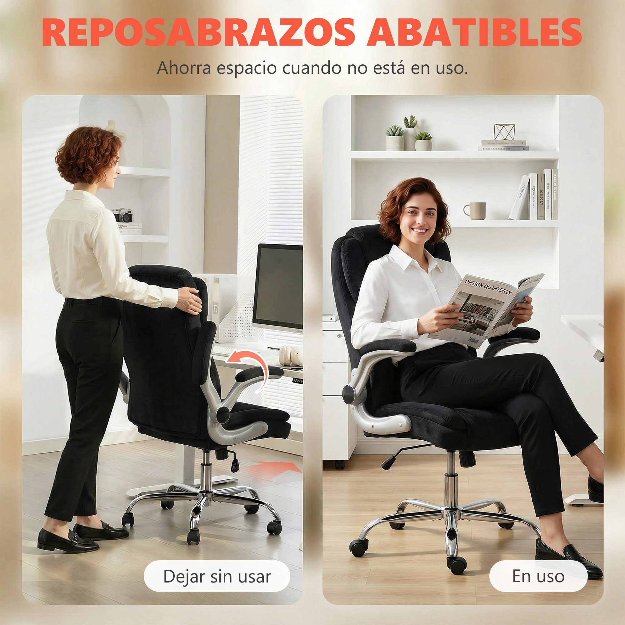 Una mujer con camisa blanca demuestra los reposabrazos abatibles de una silla de oficina.