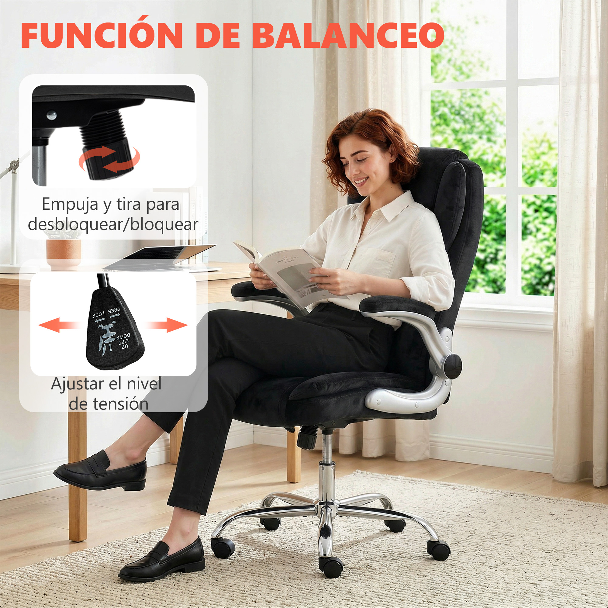 Una mujer lee en una silla de oficina negra, con diagramas instructivos superpuestos sobre sus funciones.