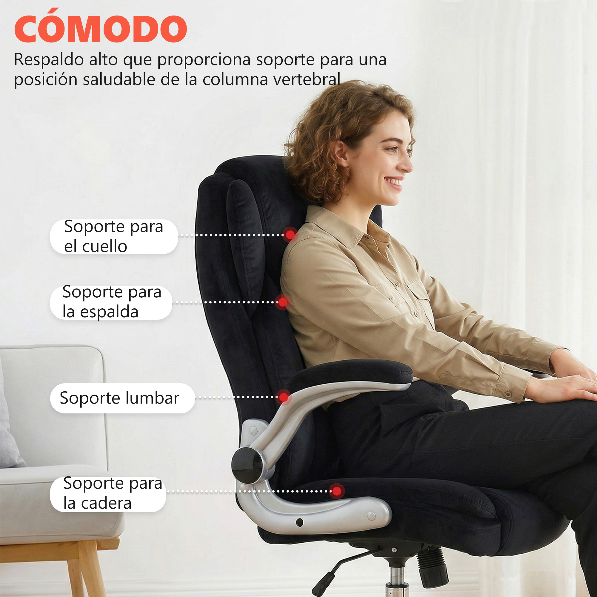Una mujer está sentada relajada en una silla de oficina negra ergonómica, destacada con varias funciones de soporte.