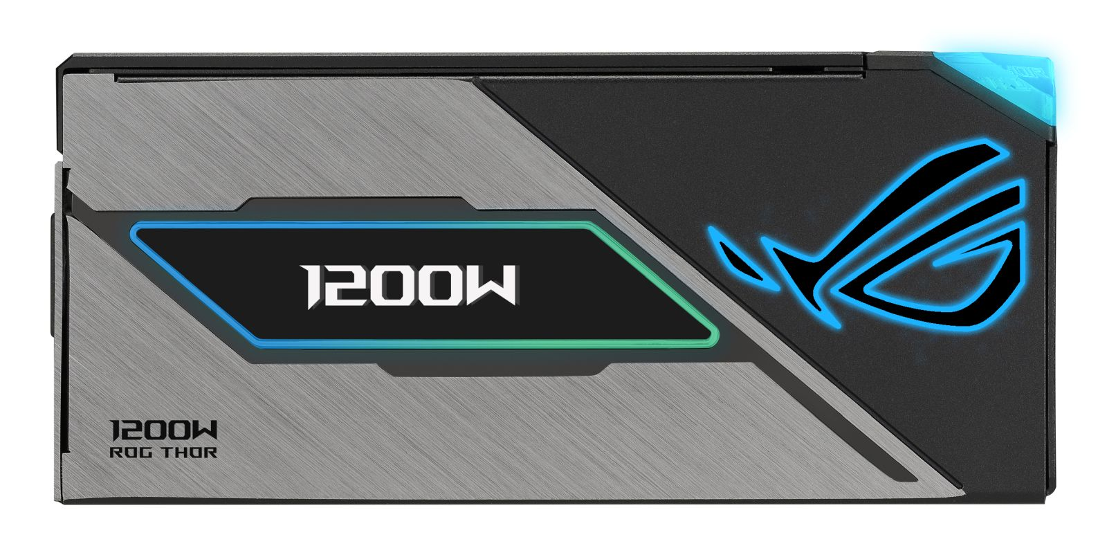 Czarny i srebrny zasilacza komputerowy ROG Thor 1200W z niebieskim i zielonym podswietleniem.
