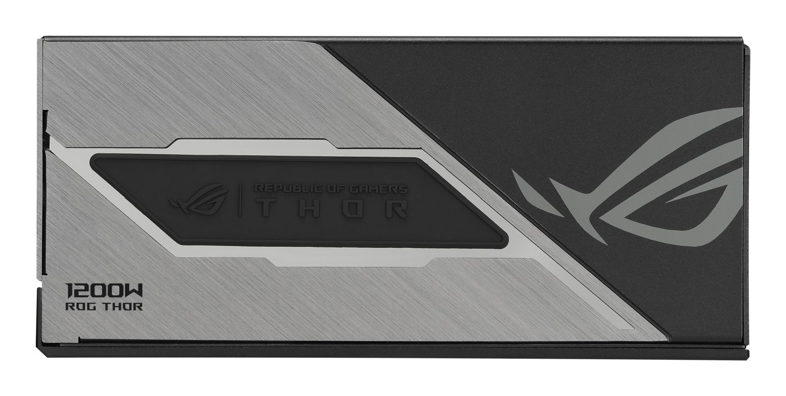 Widok z boku zasilacza Asus ROG Thor 1200W ze szczotkowanego srebra i z czarnym logo.