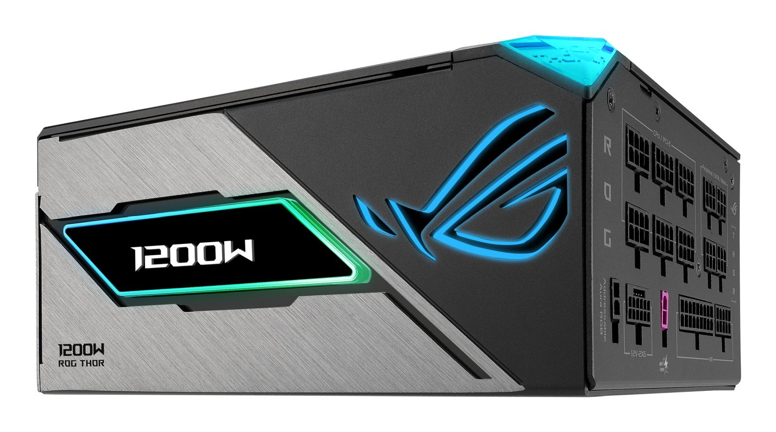 Czarny zasilacz komputera 1200W z niebieskim podświetleniem LED i logo ROG.