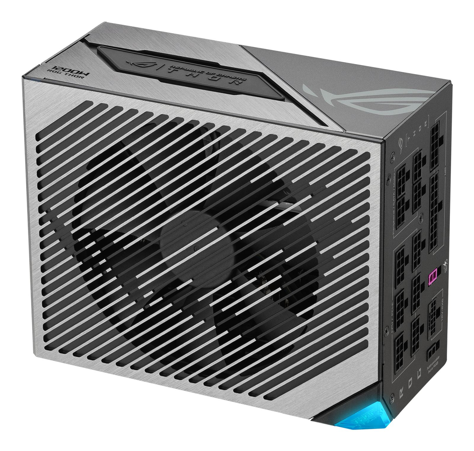 Zasilacz Asus ROG Thor 1200W w kolorze srebrnym i czarnym z kratką i niebieską diodą.