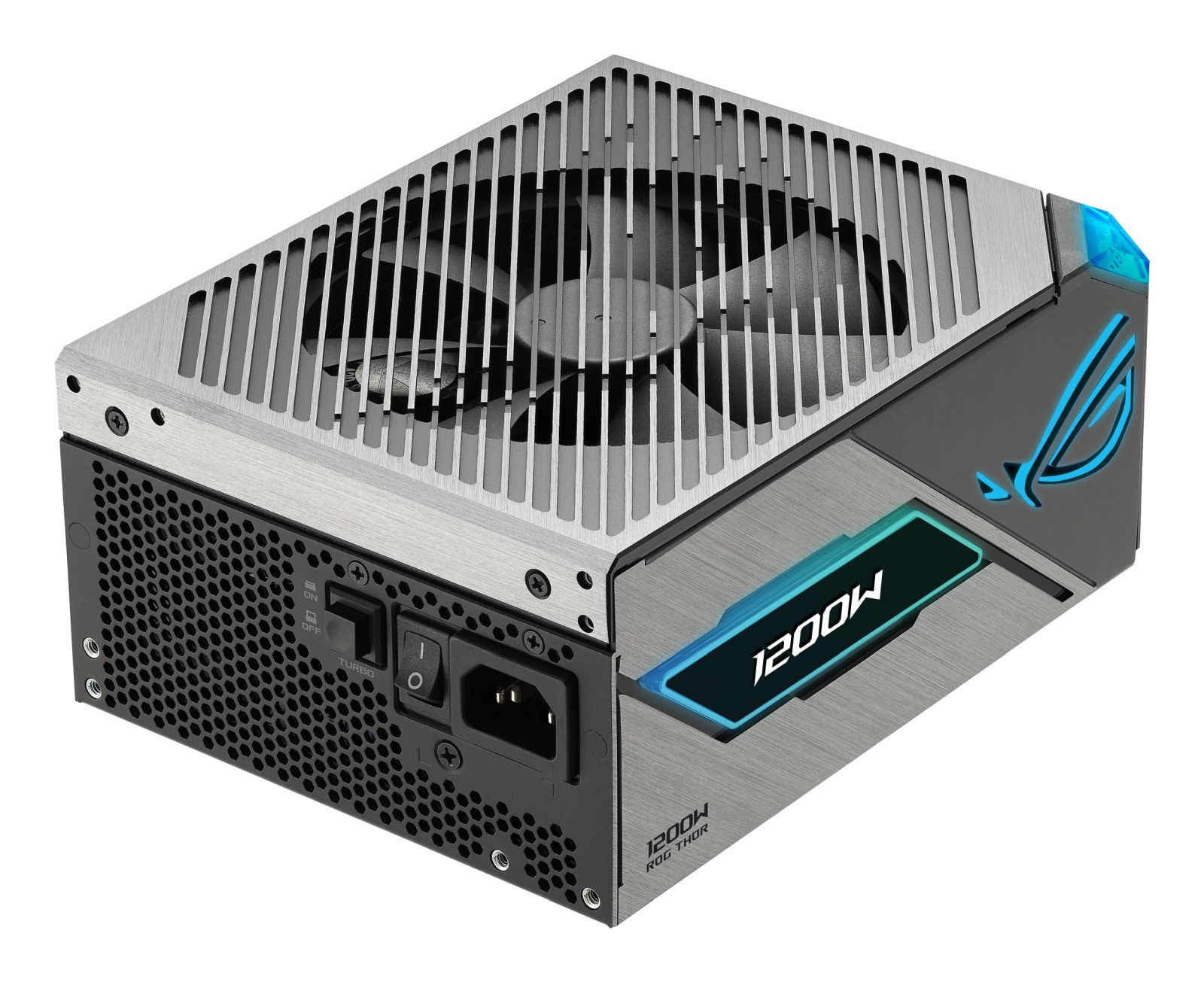 Zasilacz Asus ROG Thor 1200W ze srebrną kratką, niebieskim logo i gniazdem zasilania na białym tle.