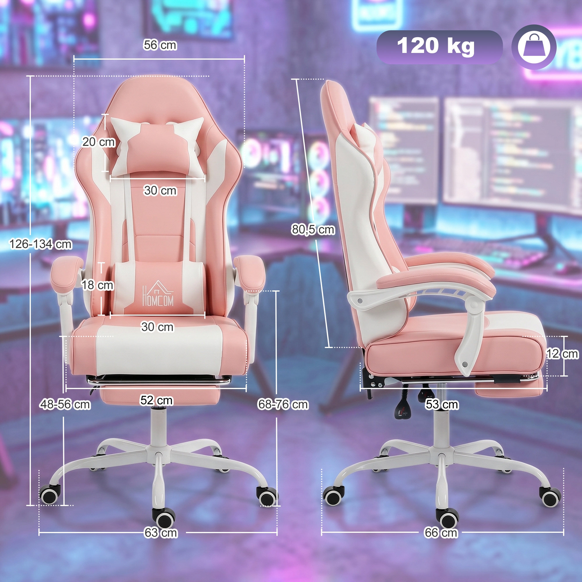 Silla de juego rosa y blanca con dimensiones desde el frente y el lado.