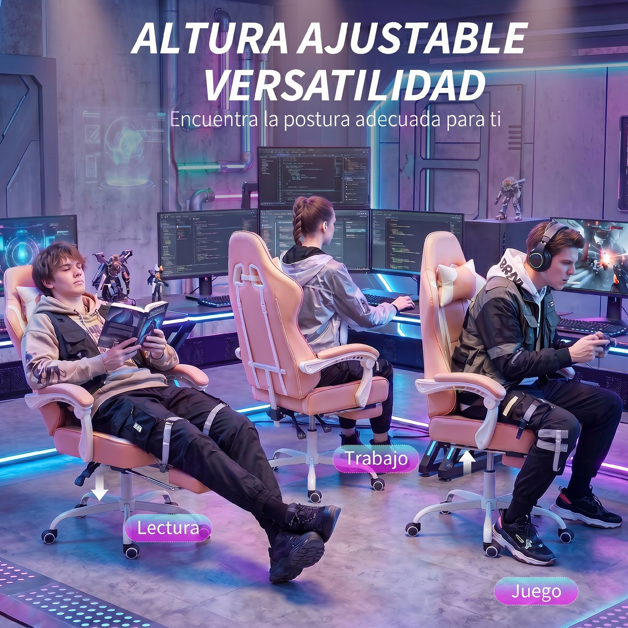 Tres personas en sillas de juego rosas en una sala futurista para lectura, trabajo y juegos.
