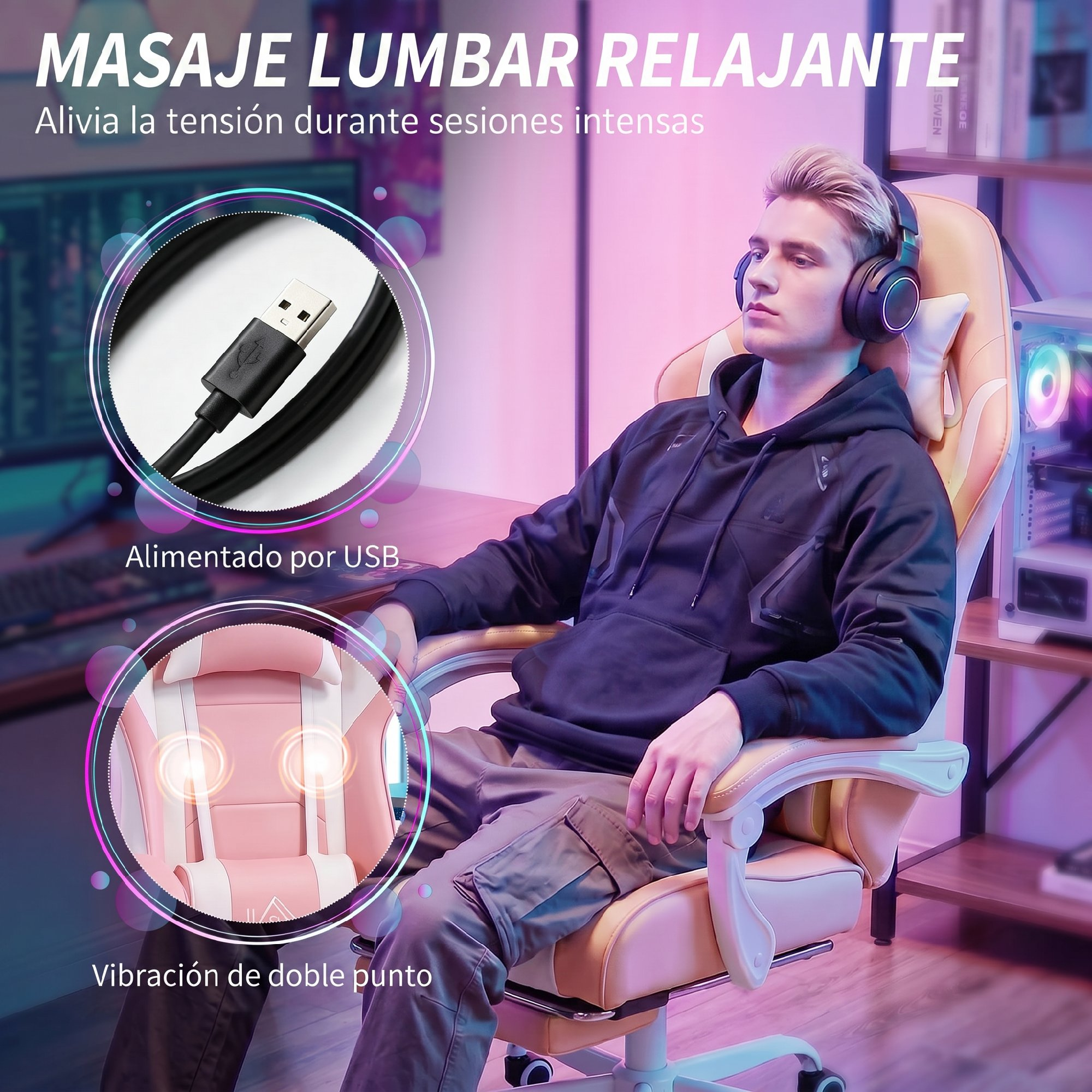 Joven sentado en una silla gaming con alimentación USB y masaje de vibración.