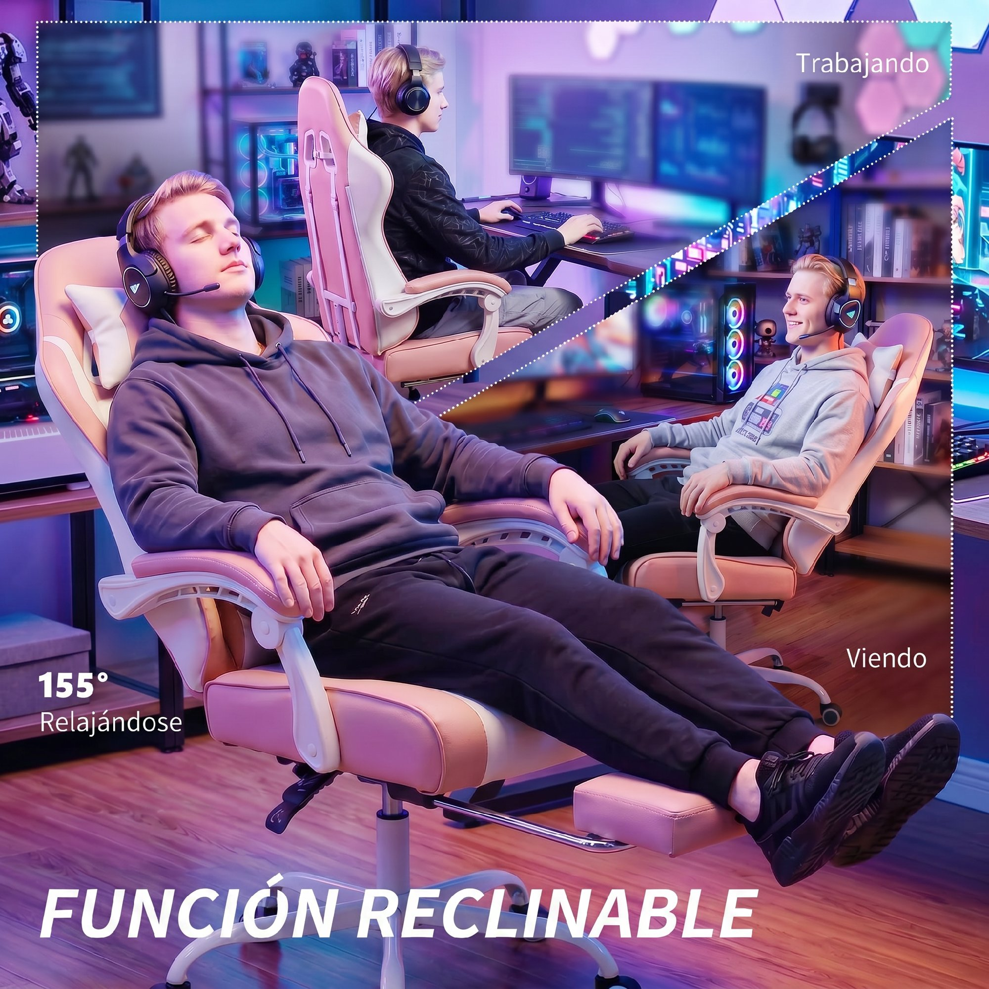 Un hombre se relaja en una silla gamer rosa con reposapiés, con una PC visible al fondo.