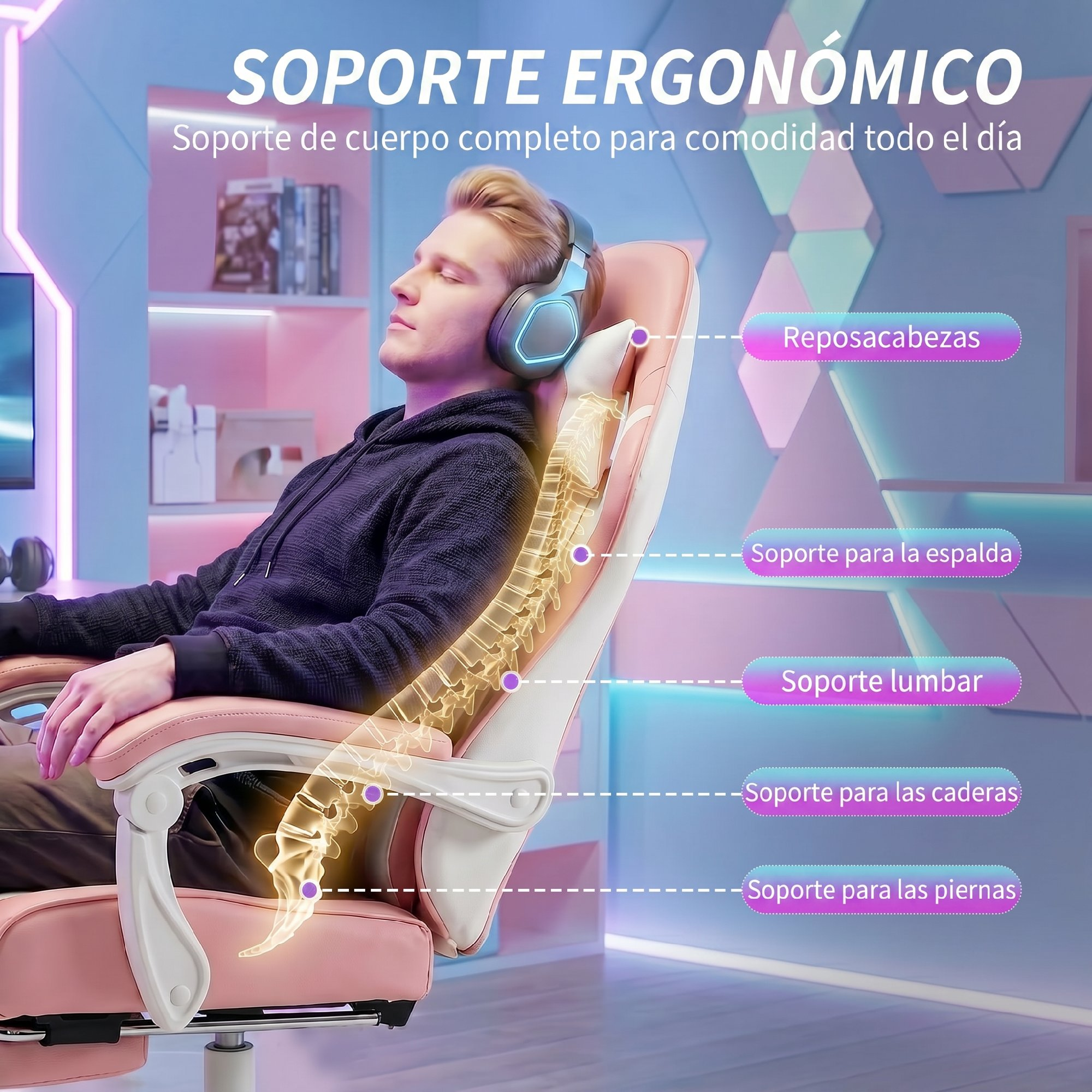 Un hombre con auriculares se relaja en una silla gamer rosa, destacando el soporte espinal.
