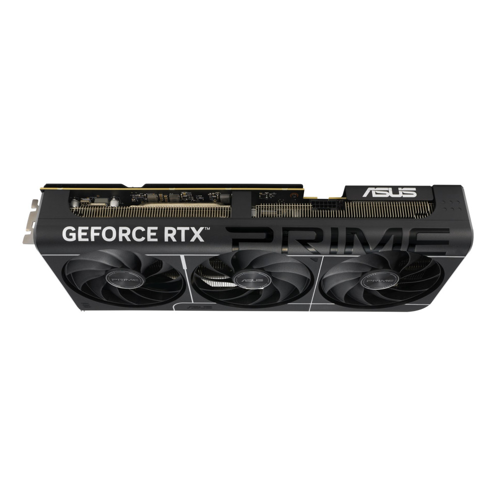 Czarna karta graficzna Asus GeForce RTX Prime z trzema wentylatorami na białym tle.