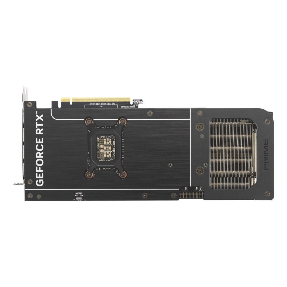 Czarna płytka usztywniająca karty graficznej z napisem GeForce RTX i widocznym radiatorem po prawej.
