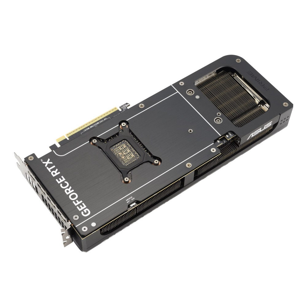 Czarna karta graficzna Asus Prime GeForce RTX z żebrami chłodzącymi i białym napisem na białym tle.