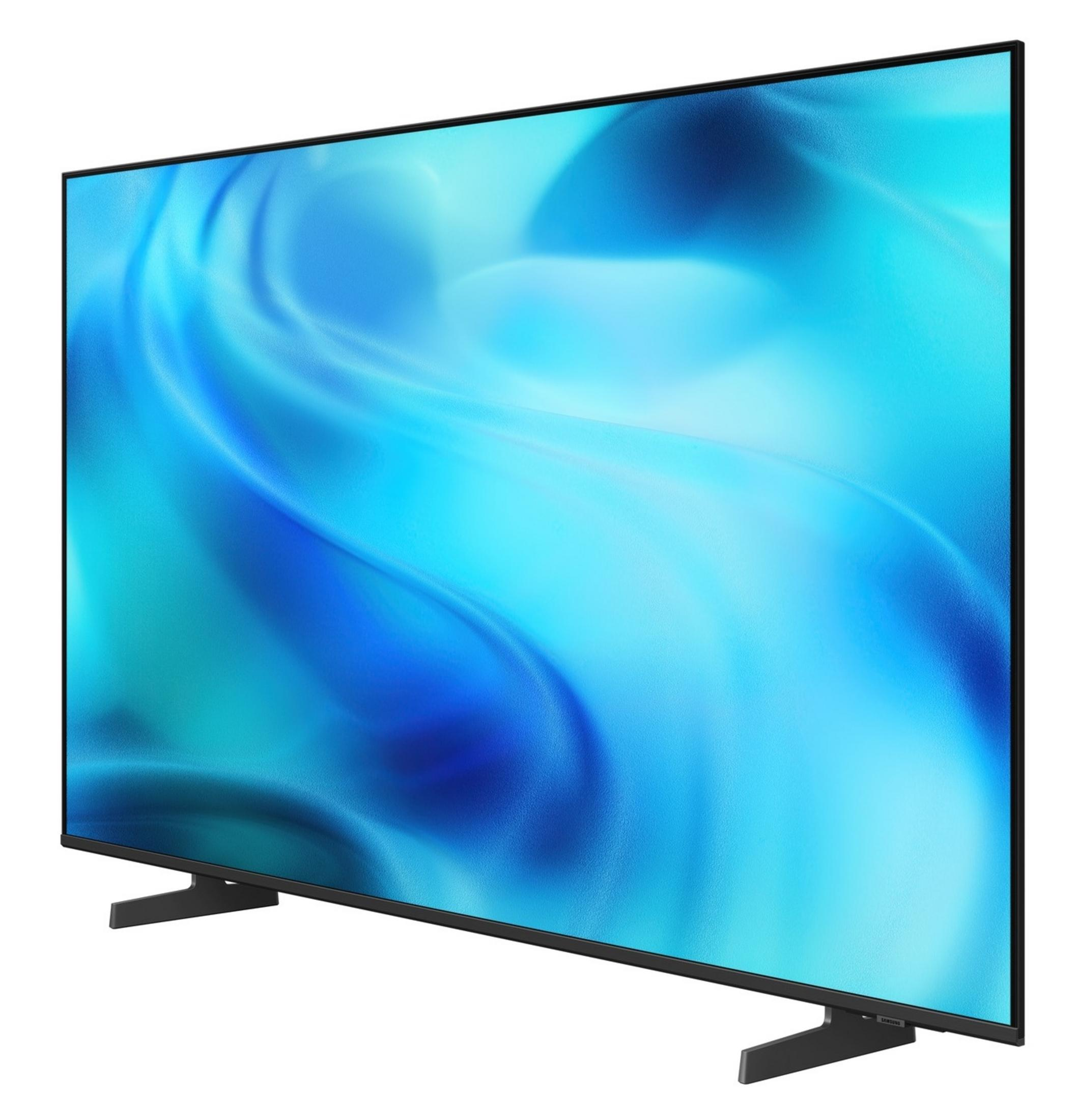 Una moderna TV con cornice nera mostra un design astratto blu sullo schermo.