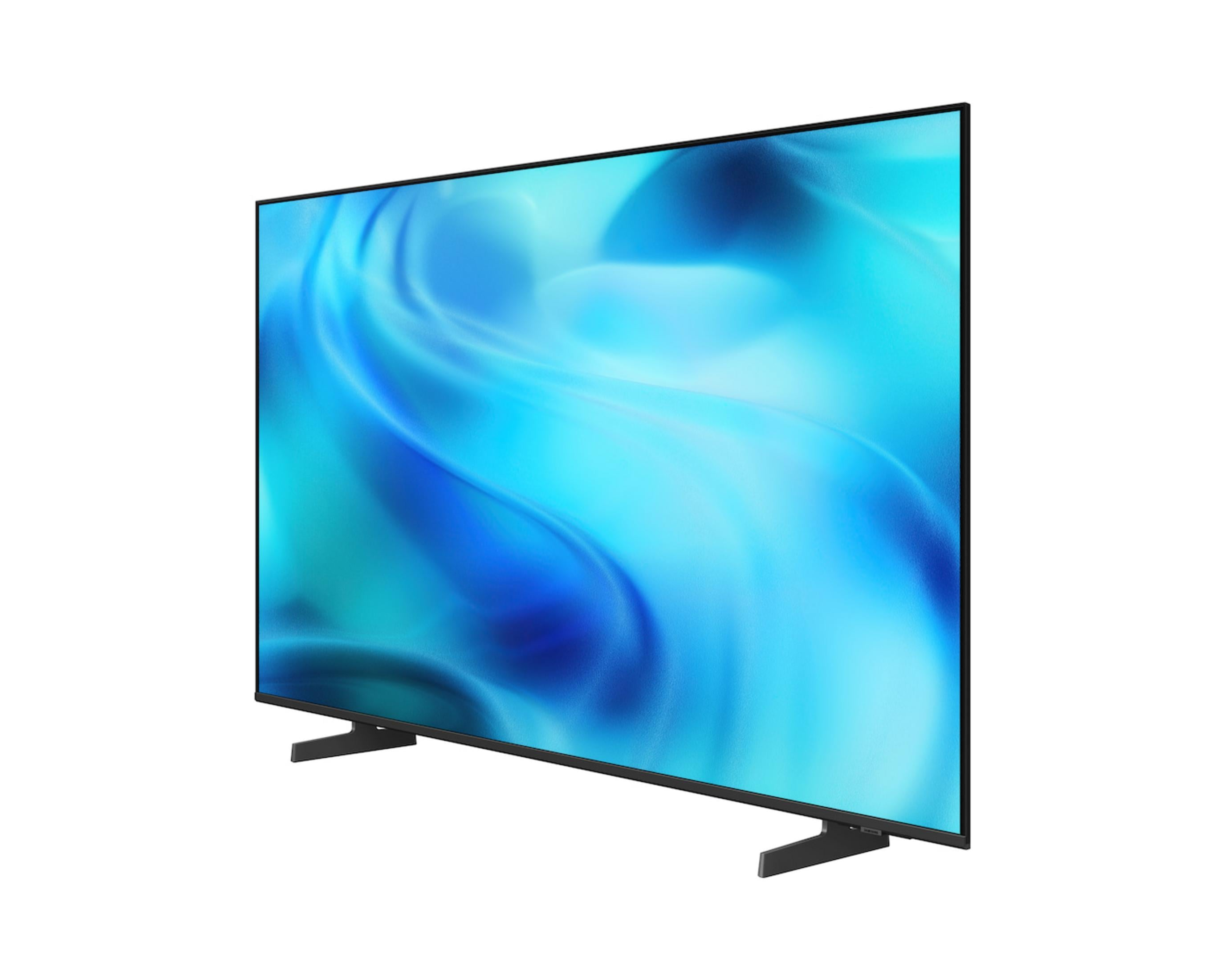 Un elegante televisore con cornice nera poggia su due piedini, mostrando un motivo a onde blu astratte.