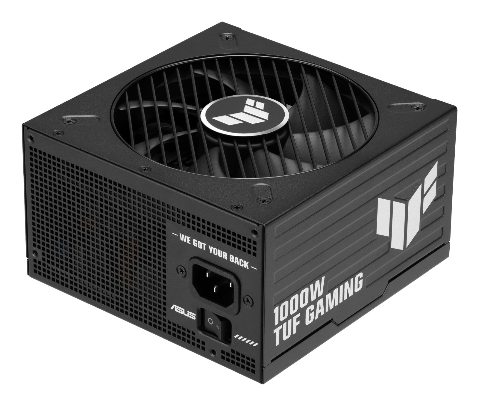 Czarny zasilacze 1000W TUF Gaming od ASUS z dużym wentylatorem i białym logo.