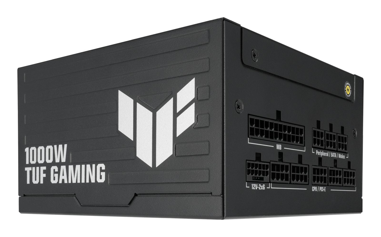 Czarny zasilaczy ASUS TUF Gaming 1000W z modularnymi portami kablowymi i białym logo TUF.