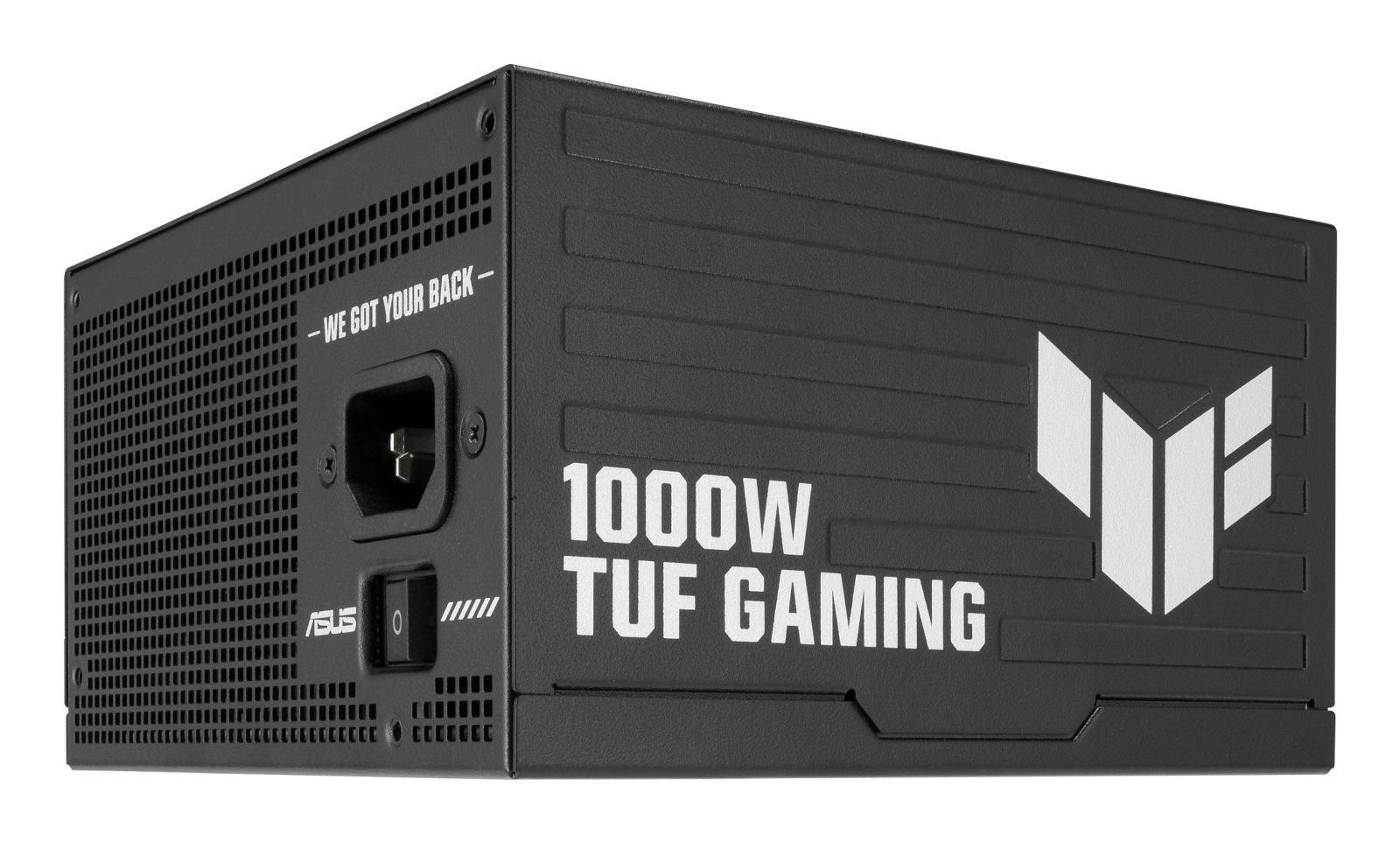 Czarny zasilacz komputerowy Asus Tuf Gaming 1000W na białym tle.