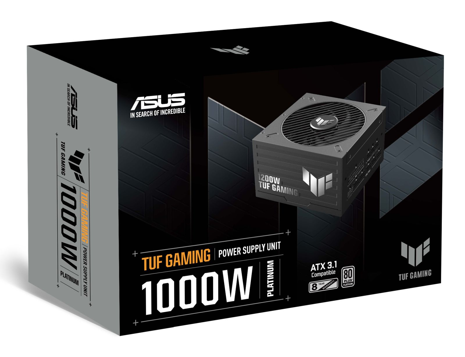 Pudełko zasilacza ASUS TUF Gaming 1000W Platinum ze zdjęciem produktu, brandingiem i specyfikacją.
