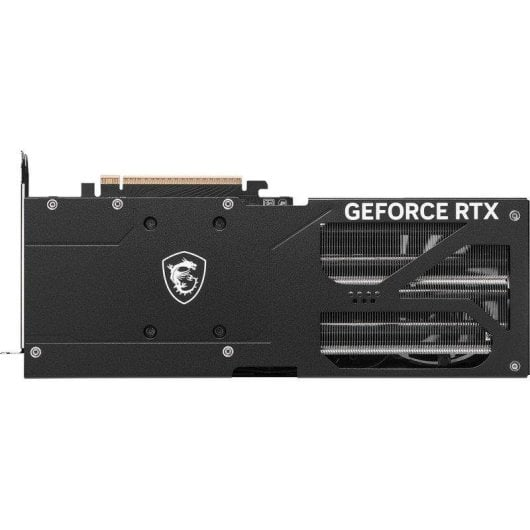 Czarna karta graficzna MSI GeForce RTX z logo smoka i metalowym radiatorem na bialym tle.