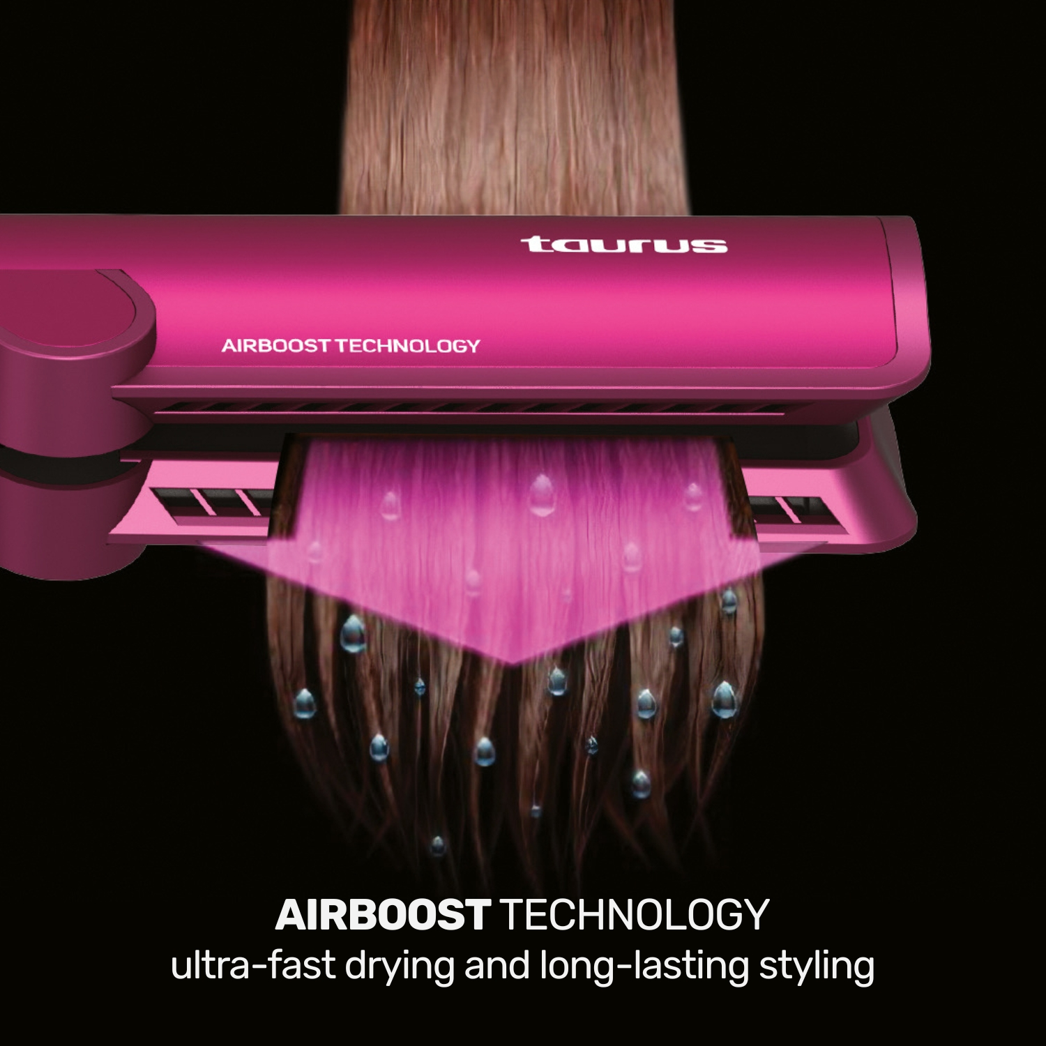 Un moldeador de pelo Taurus rosa seca cabello castaño húmedo con flujo de aire y gotas.