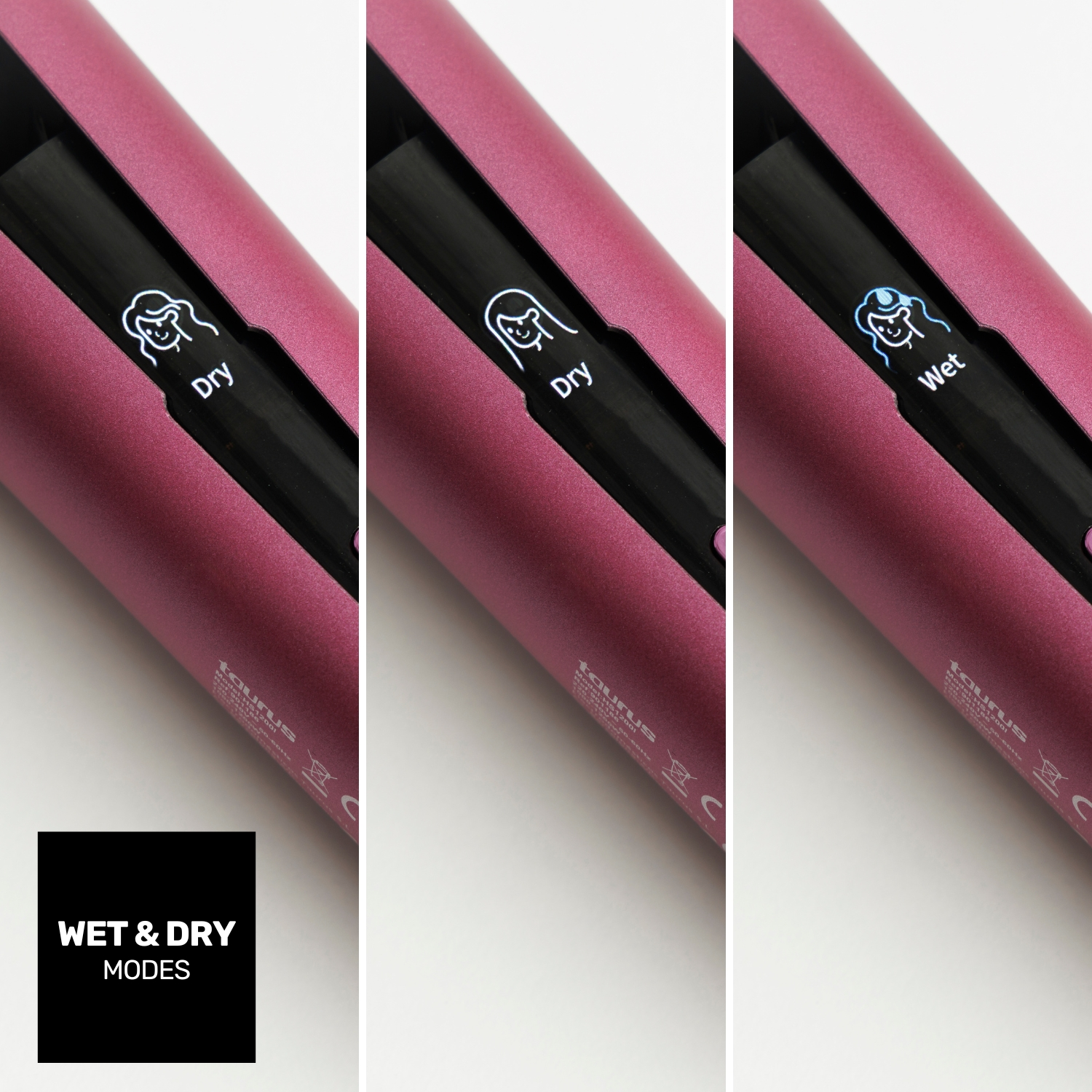 Plancha de pelo rosa con pantalla digital que muestra los modos Seco y Húmedo.