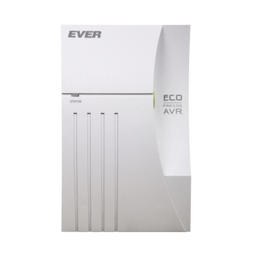 Biały zasilacz awaryjny UPS EVER Eco Pro CDS AVR z pionowymi szczelinami wentylacyjnymi i wskaźnikiem stanu na białym tle.