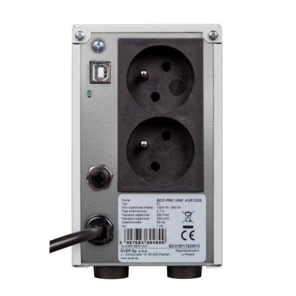 Tylny panel zasilacza UPS ECO PRO 1000 AVR CDS z dwoma gniazdami, portem USB, kablem i etykietą znamionową.