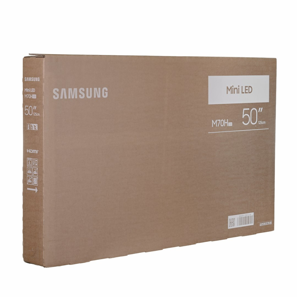 Brązowe kartonowe pudełko na 50-calowy telewizor Samsung Mini LED na białym tle.