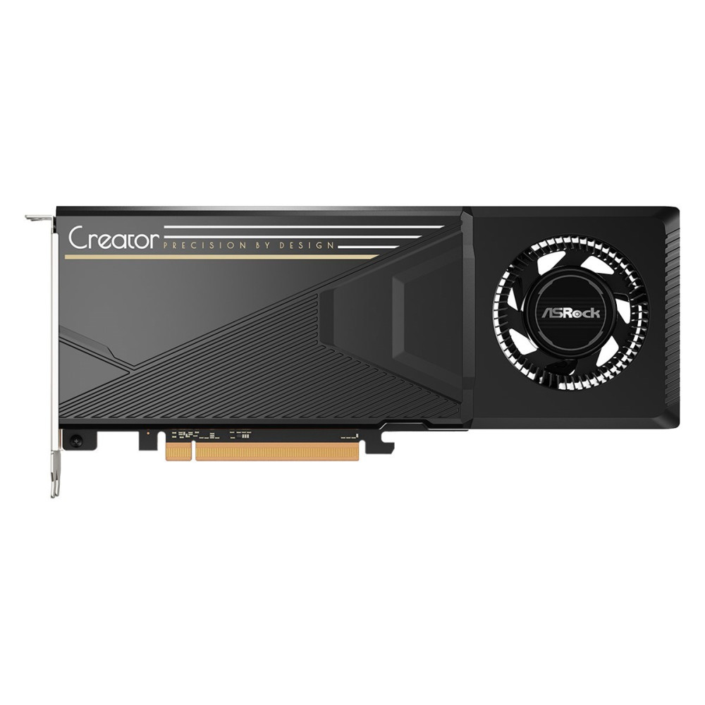 Czarna karta graficzna ASRock Creator z jednym wentylatorem i napisem Creator Precision by Design.
