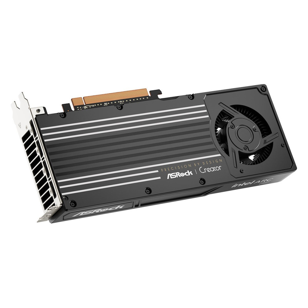 Czarna karta graficzna ASRock Creator Intel Arc ze srebrnymi paskami i pojedynczym wentylatorem na białym tle.