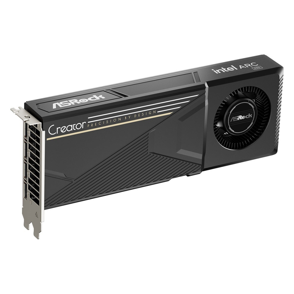Czarna karta graficzna ASRock Intel Arc Pro Creator z jednym wentylatorem i srebrnymi portami I/O.